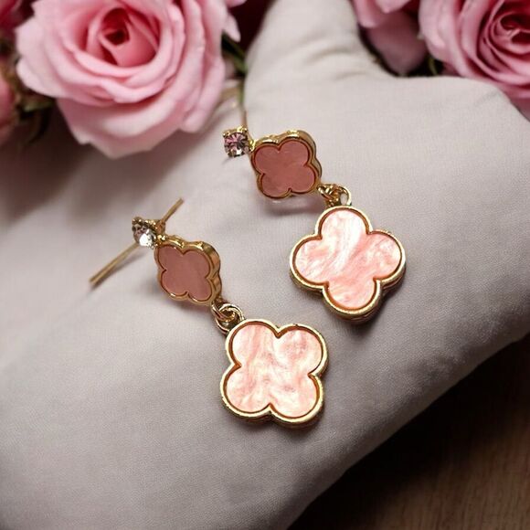 Designer Inspired Double Pink Clover Gold Tone Dangle Earrings - Picture 2 of 5